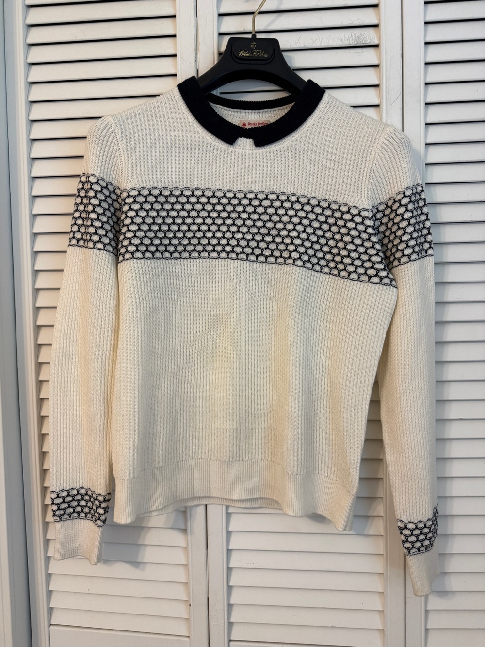 Brooks Brothers Peter Pan Preppy Sweater Ribbed White Navy Blue Nautical Cotton